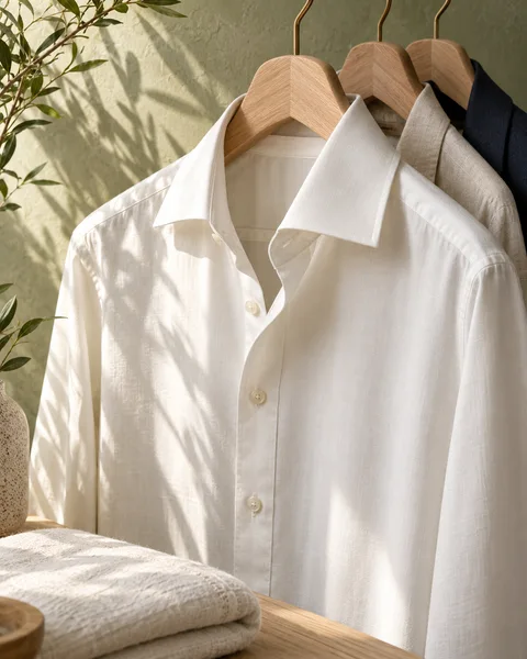 A crisp ivory shirt with a navy jacket behind it