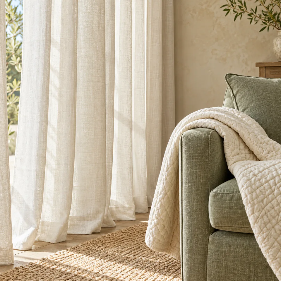 Soft curtains and a quilt in natural morning light
