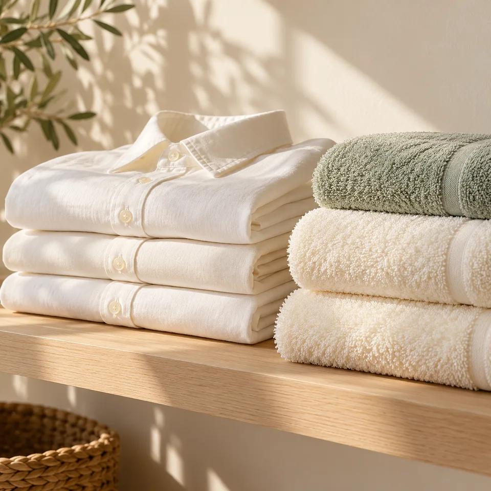 Folded ivory shirts and fresh towels on a wooden shelf
