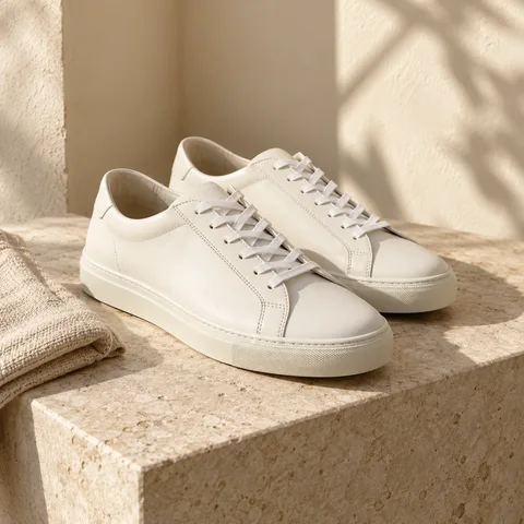 A pair of clean ivory sneakers on a warm stone surface