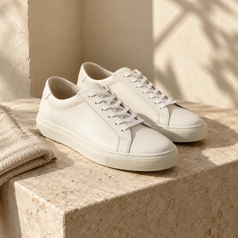 Clean ivory leather sneakers on a warm stone surface