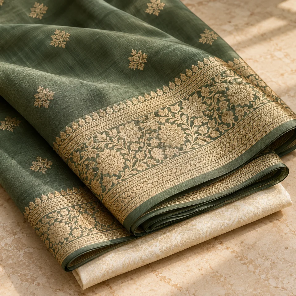 Detailed gold brocade woven into a green Banarasi saree